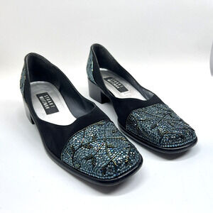 VTG Stuart Weitzman Black blue Rhinestone Beaded Kitten Block Pump Sz 9 AA vine